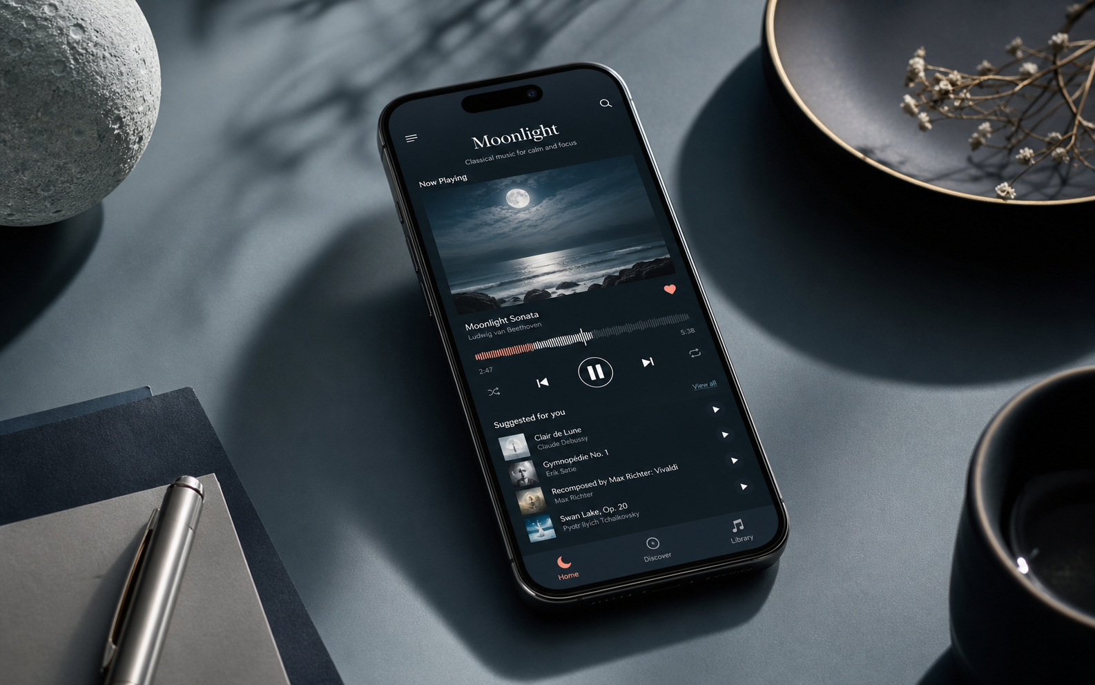 Moonlight app shown on a phone with a refined music player interface